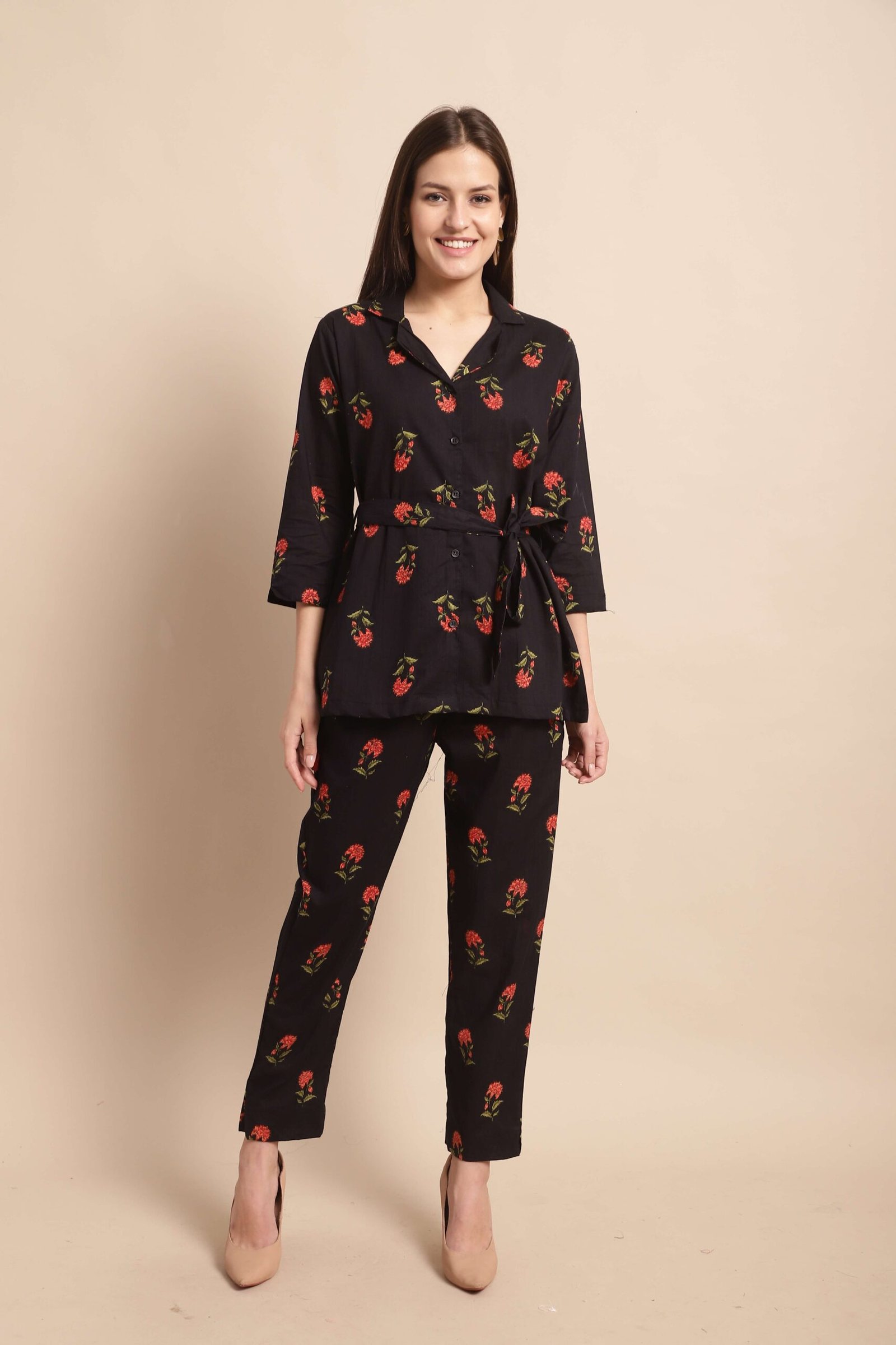 Women's Pure Cotton Printed Collared Top and Pant Co-ord Set (Black Rd)