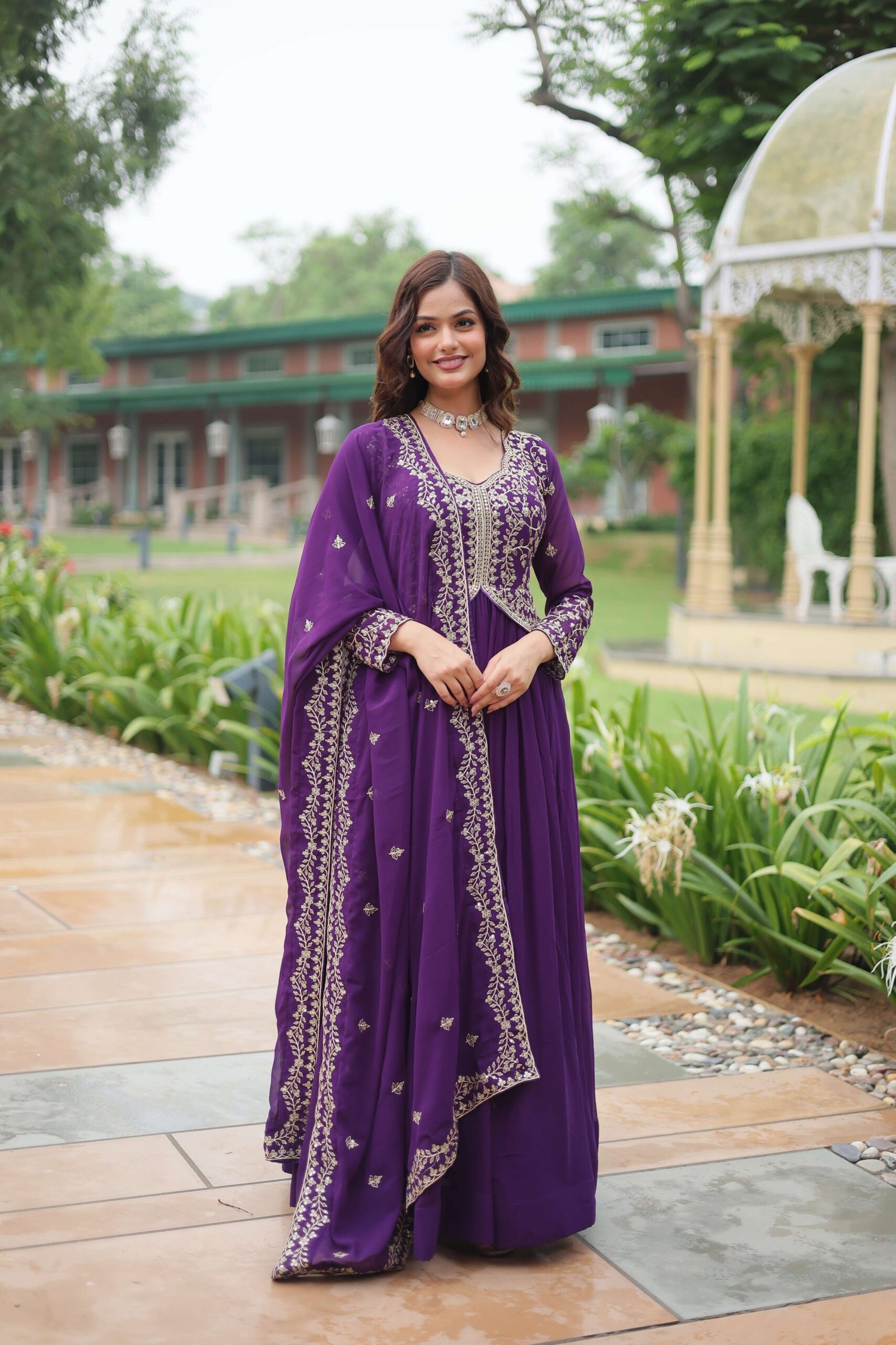 Purple Faux Blooming Sequins & Zari Embroidered Gown with Matching Dupatta - Image 5