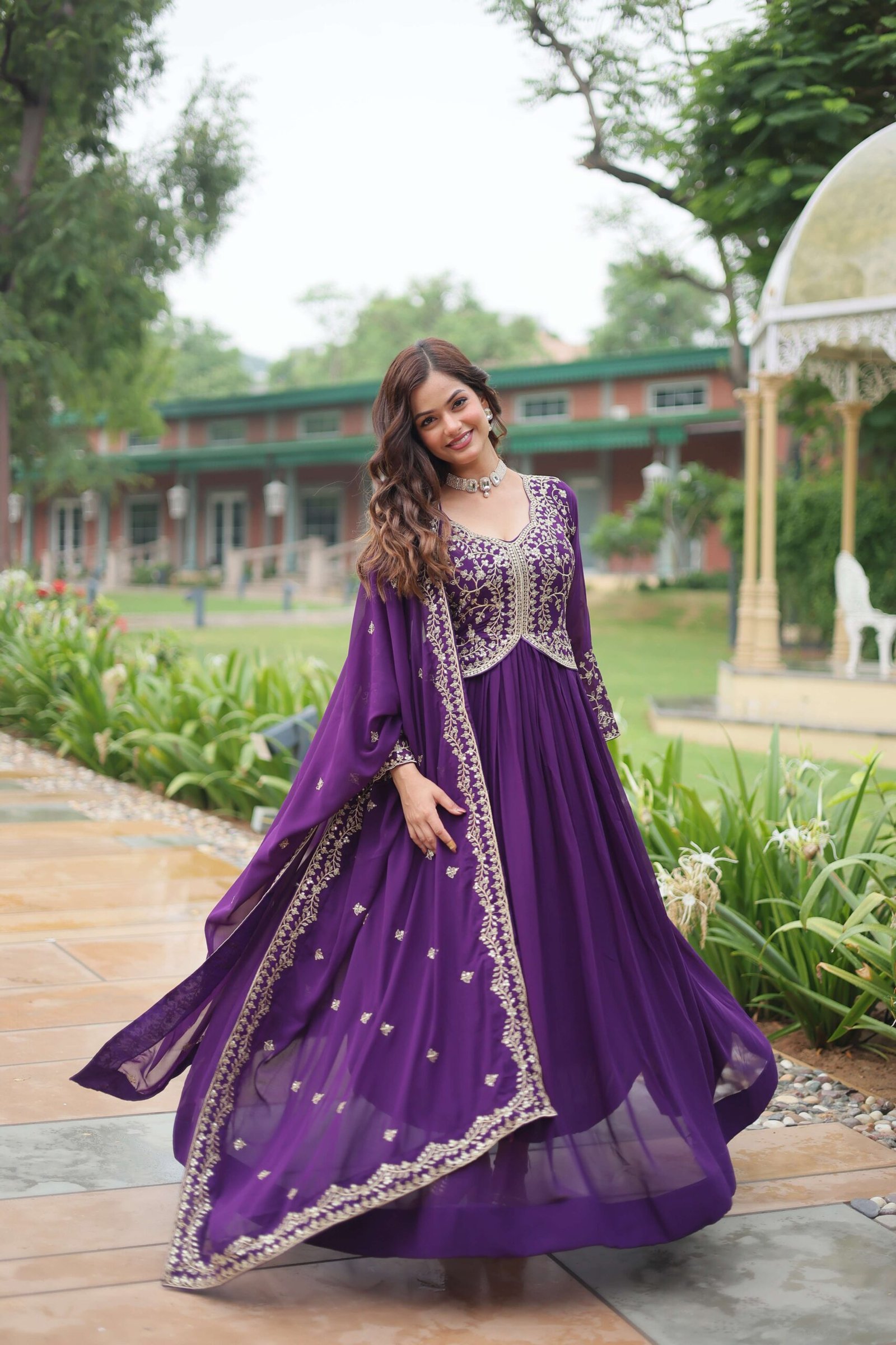 Purple Faux Blooming Sequins & Zari Embroidered Gown with Matching Dupatta - Image 6