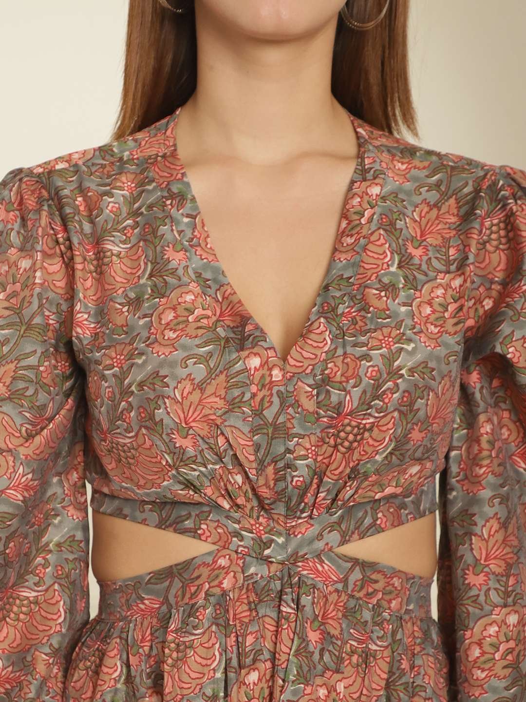 Women's Silk Printed V-Neck Long Bell Sleeves Tiered Maxi Dress Gown (Brown) - Image 6