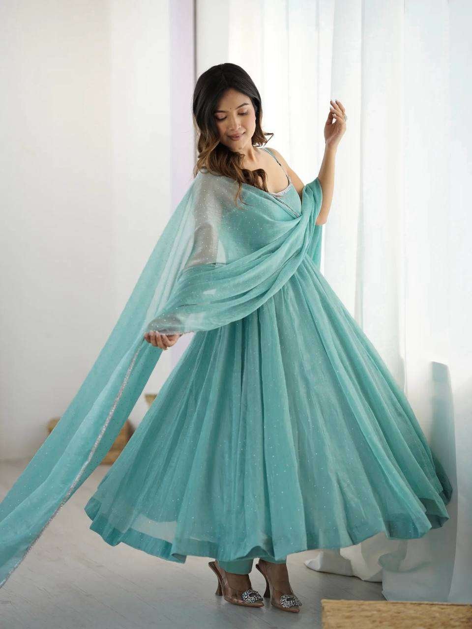 Womens Crunchy Silk Anarkali Kurti with Pant & Dupatta Set